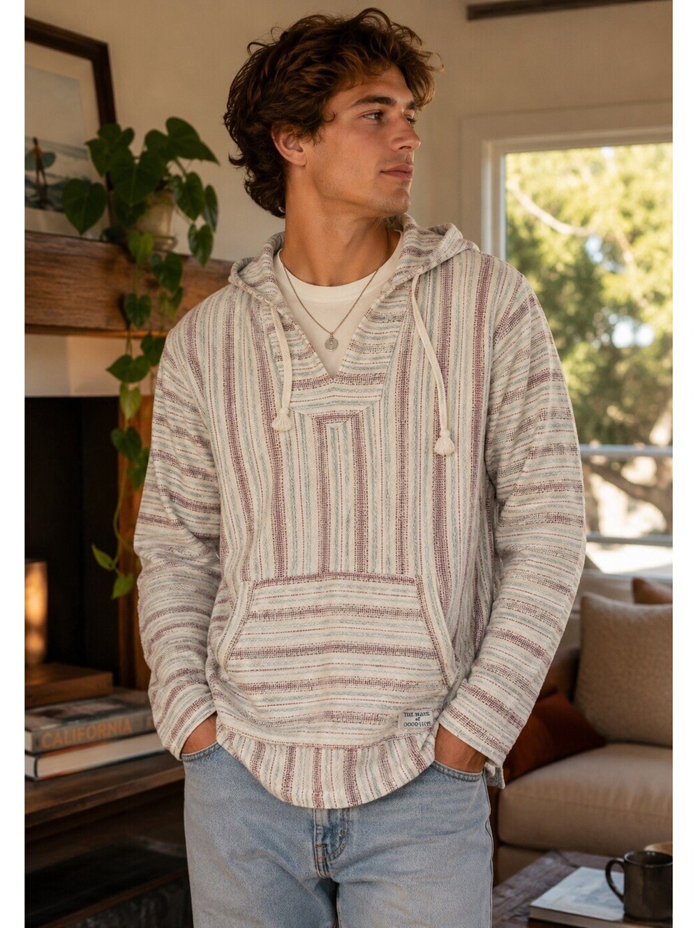 Lucky Brand Men’s Medium Baja Hoodie Striped Pullover Poncho Boho Surf Beach
